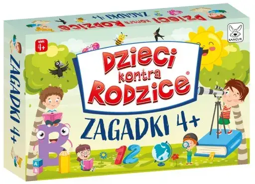 Dzieci i rodzice śmieją się rozwiązując zagadki